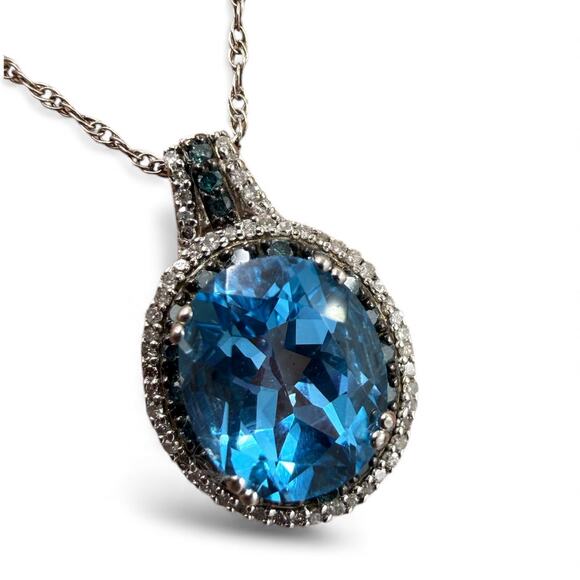 Blue Topaz Double Diamond Halo Pendant Necklace 925 Sterling Silver 18in Chain - Picture 5 of 8